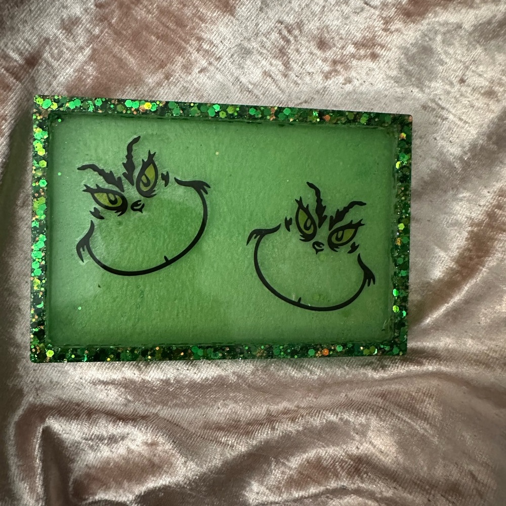 Handmade epoxy resin Green Glitter Grinch trinket tray
